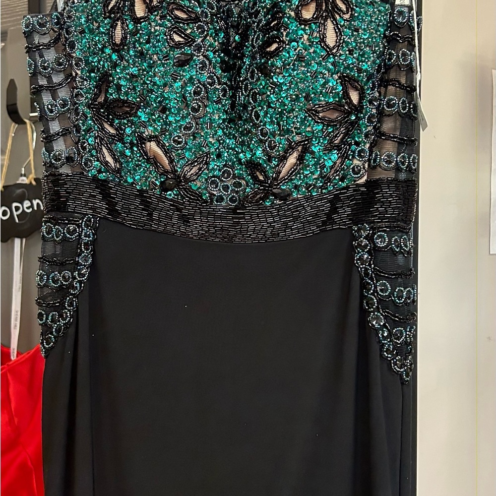 Sherri Hill Black and Teal Strapless Dress